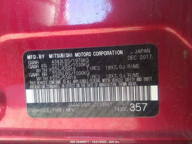 JA4AP3AW1JZ033861 Mitsubishi Outlander Sport Se 2.4