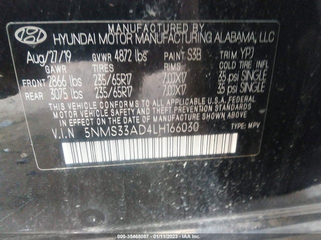 2020 Hyundai Santa Fe, VIN: 5NMS33AD4LH166030