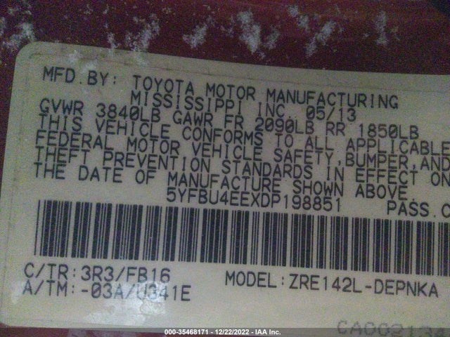 2013 TOYOTA COROLLA L/LE/S VIN: 5YFBU4EEXDP198851