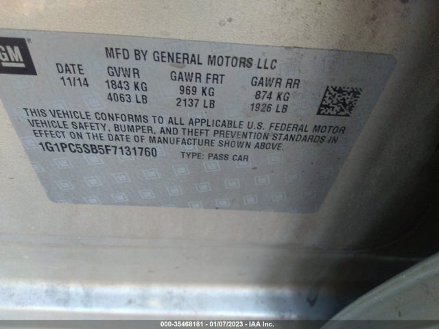 2015 CHEVROLET CRUZE LT VIN: 1G1PC5SB5F7131760