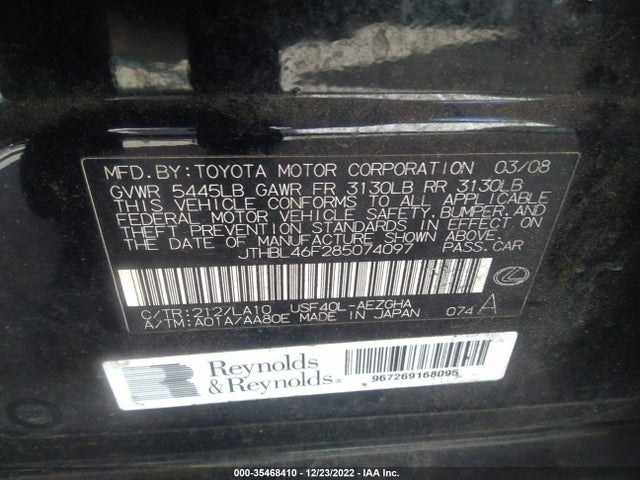 2008 LEXUS LS 460 VIN: JTHBL46F285074097