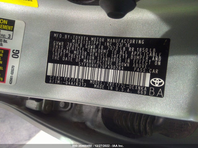 2016 TOYOTA COROLLA L/LE/S/S PLUS/LE PLUS VIN: 5YFBURHE2GP490264