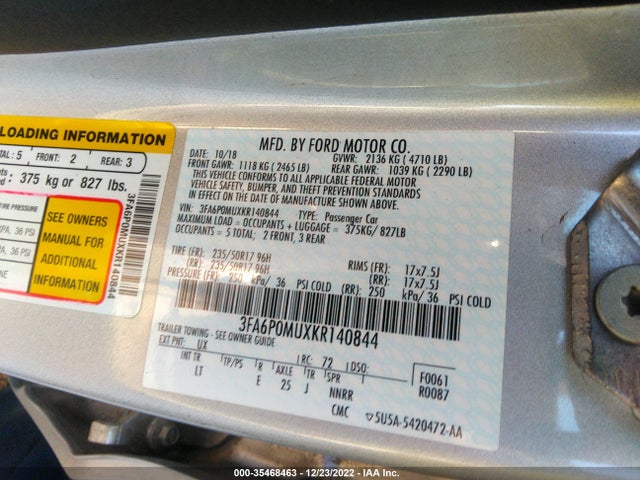 2019 FORD FUSION HYBRID SEL VIN: 3FA6P0MUXKR140844