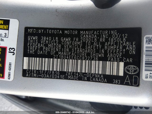 2012 TOYOTA COROLLA L/LE/S VIN: 2T1BU4EE6CC832736