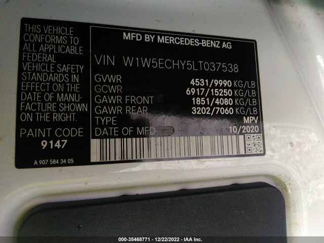 2020 Mercedes-Benz Sprinter, VIN: W1W5ECHY5LT037538