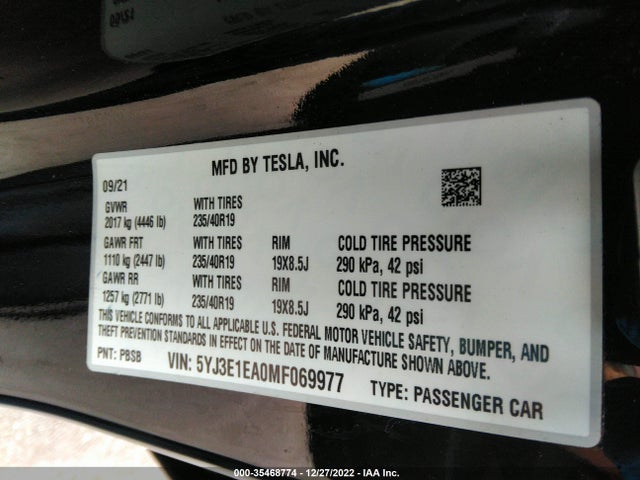 Tesla MODEL 3 2021 5YJ3E1EA0MF069977 Image 11