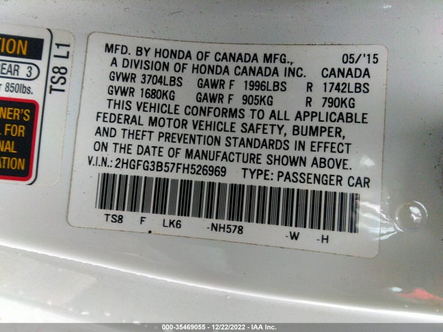 2015 HONDA CIVIC COUPE LX VIN: 2HGFG3B57FH526969