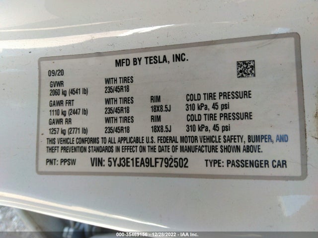 Tesla Model 3 Standard Range 2020 5YJ3E1EA9LF792502 Image 10