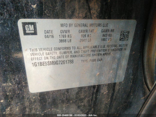 2016 Chevrolet Cruze, VIN: 1G1BE5SM9G7261788