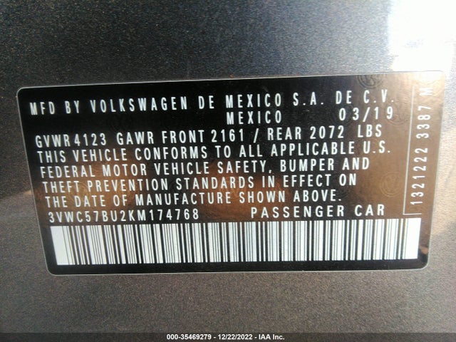 3VWC57BU2KM174768 Volkswagen Jetta S/se/r-line
