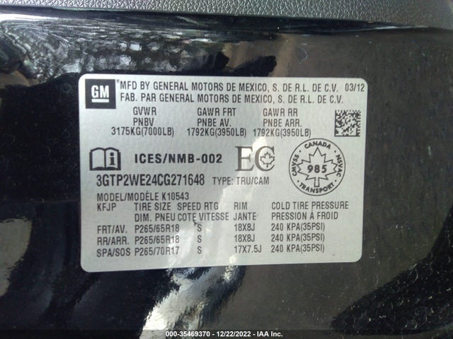 2012 GMC SIERRA 1500 SLT VIN: 3GTP2WE24CG271648