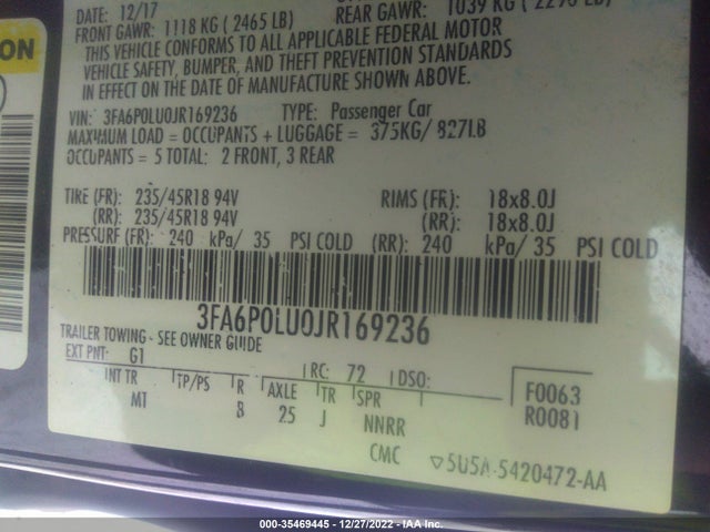 2018 Ford Fusion, VIN: 3FA6P0LU0JR169236