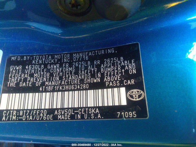 2017 TOYOTA CAMRY XLE/SE/LE/XSE VIN: 4T1BF1FK3HU634280