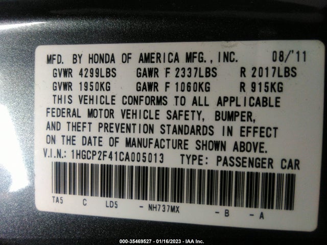 2012 HONDA ACCORD SDN LX PREMIUM VIN: 1HGCP2F41CA005013