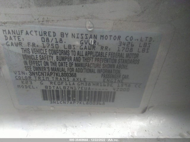 2019 Nissan Versa, VIN: 3N1CN7AP7KL800368