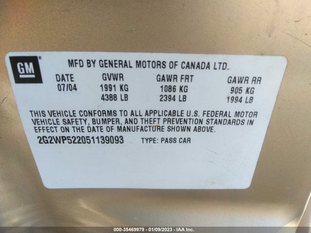 2005 PONTIAC GRAND PRIX VIN: 2G2WP522051139093