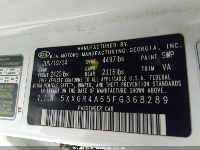 5XXGR4A65FG368289 KIA Optima Sxl Turbo