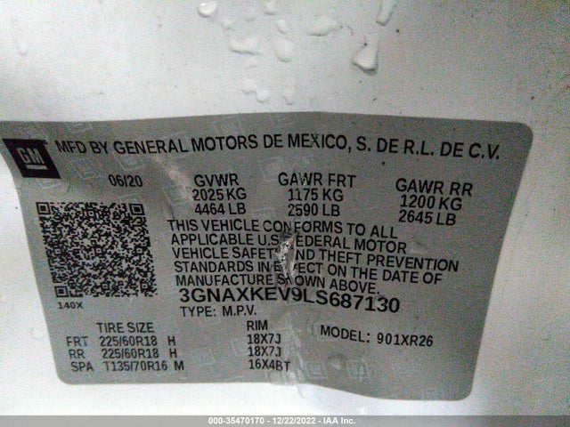 2020 CHEVROLET EQUINOX LT VIN: 3GNAXKEV9LS687130