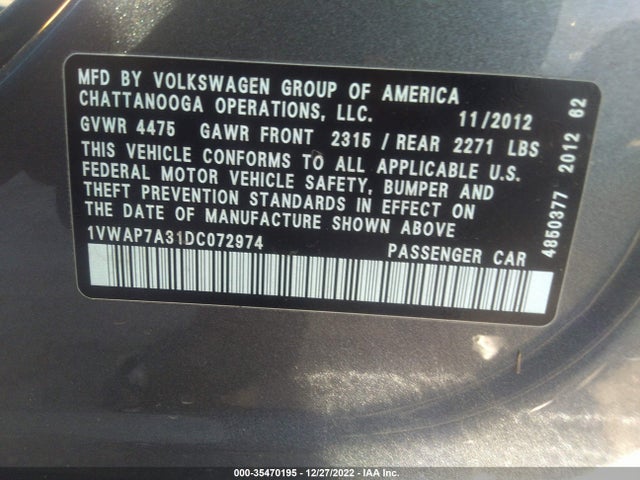Volkswagen PASSAT S 2013 1VWAP7A31DC072974 Image 9