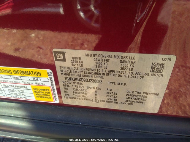 2016 Chevrolet Traverse, VIN: 1GNKRGKD9GJ238058