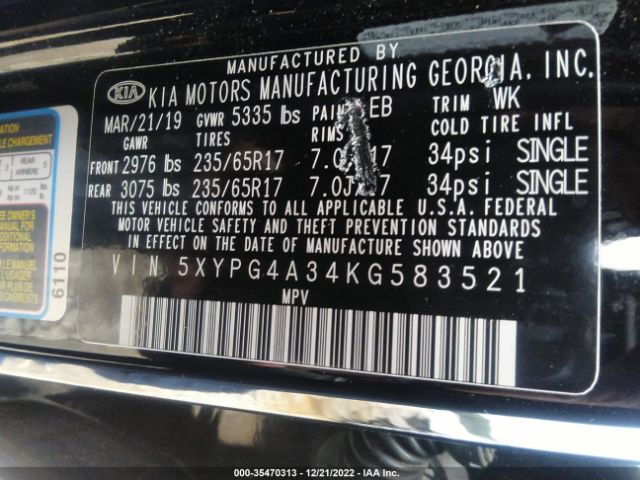 5XYPG4A34KG583521 KIA SORENTO L