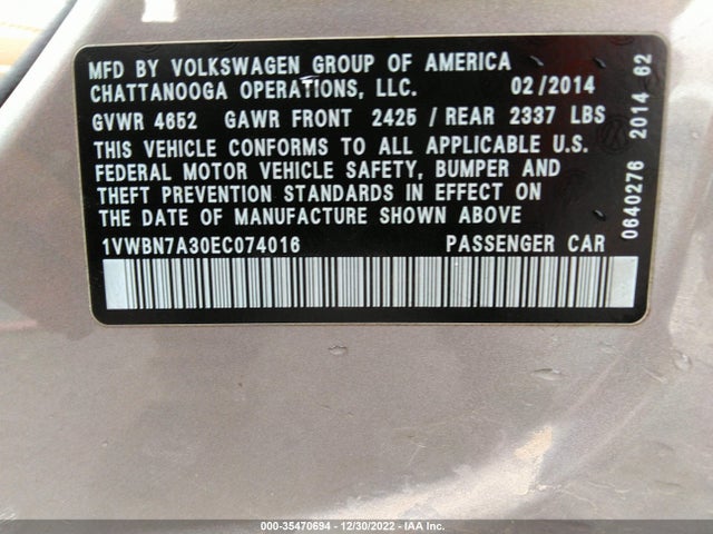 2014 VOLKSWAGEN PASSAT TDI SE W/SUNROOF & NAV VIN: 1VWBN7A30EC074016