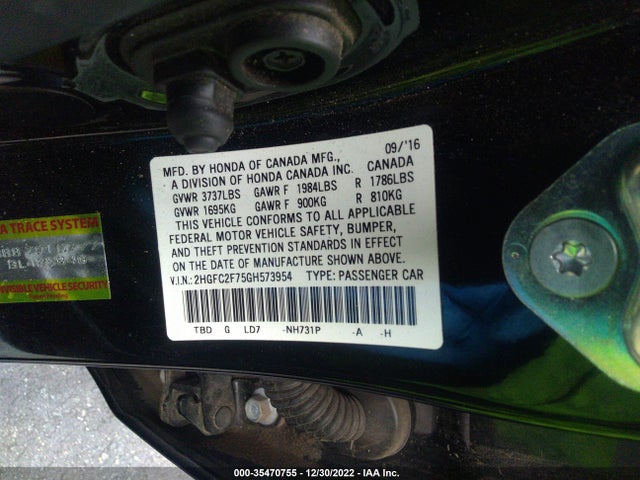 2016 HONDA CIVIC SEDAN EX VIN: 2HGFC2F75GH573954