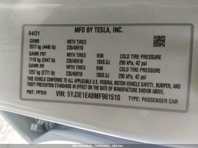 Tesla Model 3 Standard Range Plus 2021 5YJ3E1EA8MF961510 Image 10