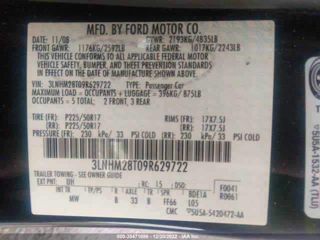 Lincoln MKZ 2009 3LNHM28T09R629722 Image 10