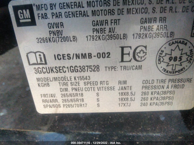 2016 Chevrolet Silverado 1500, VIN: 3GCUKSEC1GG387528