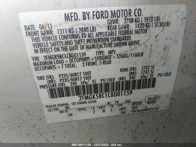 2012 FORD FLEX SE VIN: 2FMGK5BC1CBD01159