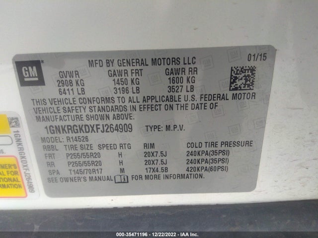 Chevrolet Traverse Lt 2015 1GNKRGKDXFJ264909 Image 11