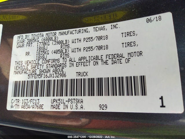 2018 Toyota Tundra, VIN: 5TFEM5F16JX132986