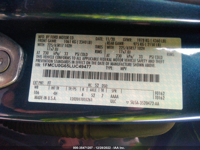 Ford ESCAPE SE 2020 1FMCU0G65LUC49477 Image 9