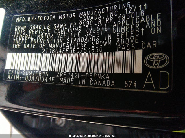 2011 TOYOTA COROLLA L/LE/S VIN: 2T1BU4EE3BC751630