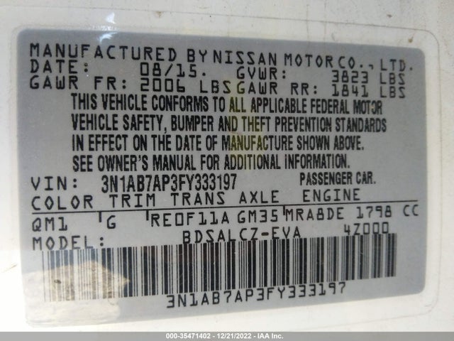 2015 NISSAN SENTRA S VIN: 3N1AB7AP3FY333197