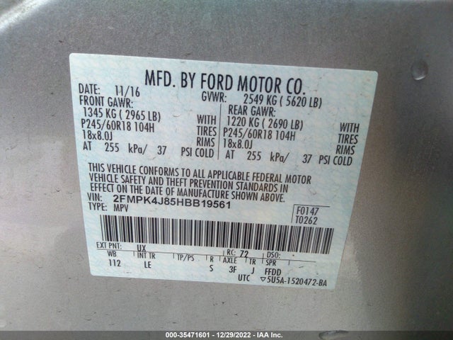 2017 FORD EDGE SEL VIN: 2FMPK4J85HBB19561