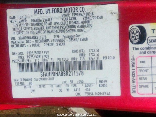 2011 FORD FUSION SE VIN: 3FAHP0HA8BR211578