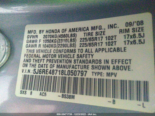 2008 HONDA CR-V EX-L VIN: 5J6RE48718L050797