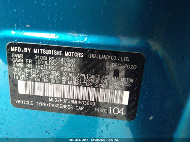 ML32FUFJ9MHF03649 Mitsubishi Mirage G4 Es/le/carbonite Edition