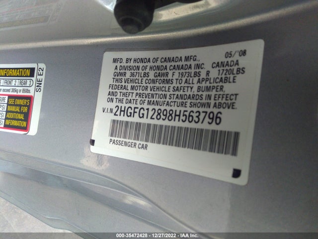 2008 HONDA CIVIC CPE EX VIN: 2HGFG12898H563796