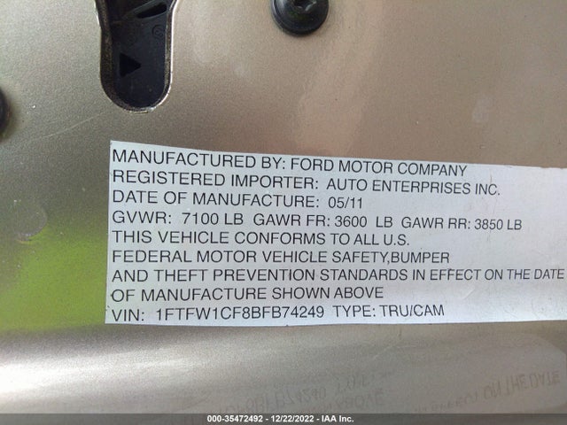 2011 FORD F-150 XL/XLT/FX2/LARIAT VIN: 1FTFW1CF8BFB74249