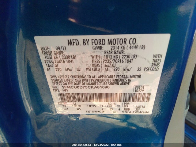 2012 FORD ESCAPE XLT VIN: 1FMCU0D75CKA81090