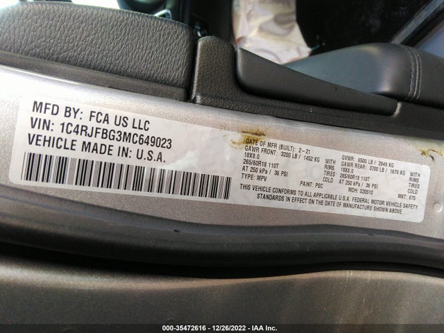 2021 JEEP GRAND CHEROKEE LIMITED VIN: 1C4RJFBG3MC649023