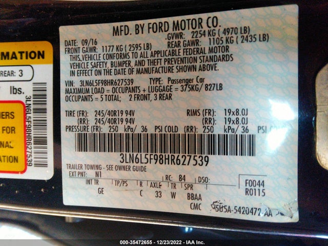 2017 Lincoln MKZ, VIN: 3LN6L5F98HR627539