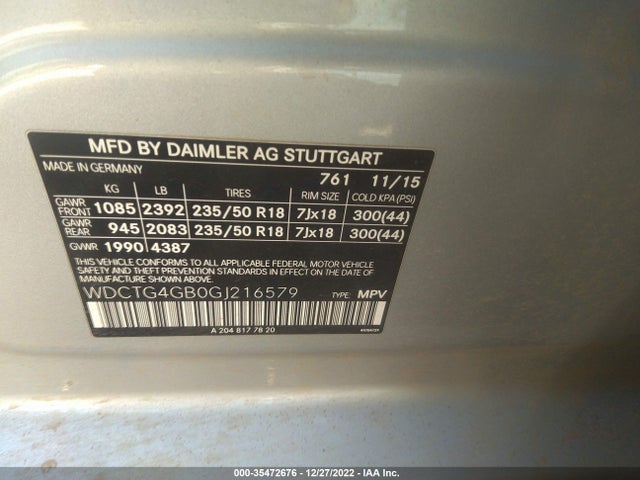 2016 MERCEDES-BENZ GLA GLA 250 VIN: WDCTG4GB0GJ216579