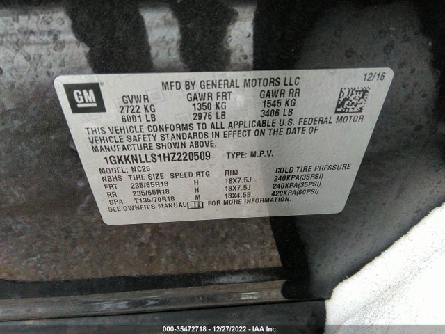 GMC ACADIA SLE 2017 1GKKNLLS1HZ220509 Image 9