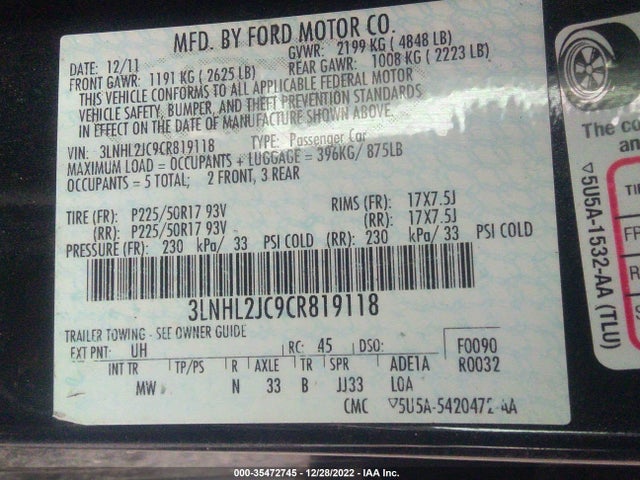 Lincoln MKZ 2012 3LNHL2JC9CR819118 Image 9