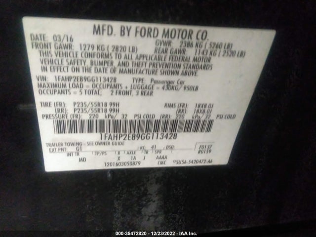 2016 Ford Taurus, VIN: 1FAHP2E89GG113428