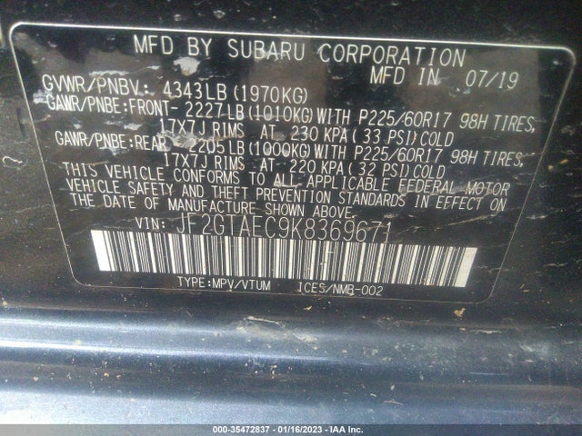 Subaru Crosstrek Premium 2019 JF2GTAEC9K8369671 Image 9